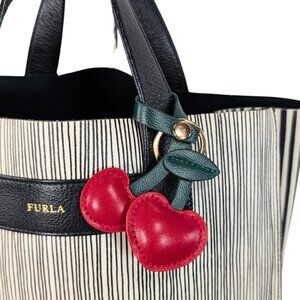 NEW Cherry Heart Red & Green Leather Bag Charm Key Chain